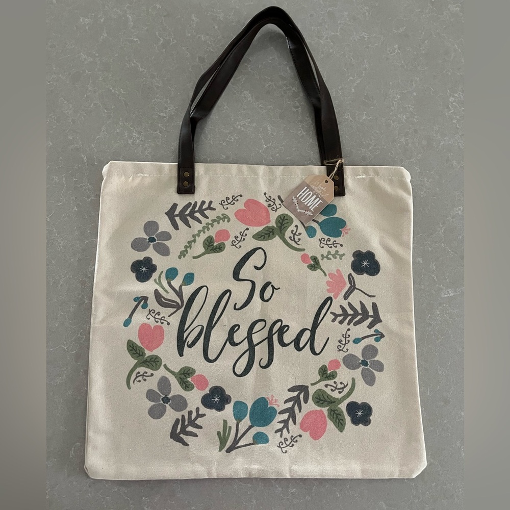 So Blessed Colorful Floral Canvas Tote Bag Dark Brown Leather Handles